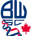 A blue and red logo with a maple leaf.