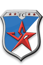 A red and white star on the side of a blue shield.