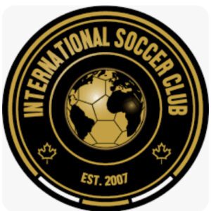 Logo of International Soccer Club with globe and soccer ball.
