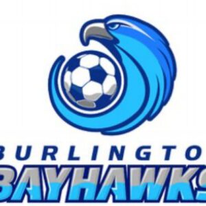 Logo of Burlington Bayhawks featuring a blue hawk and a soccer ball.