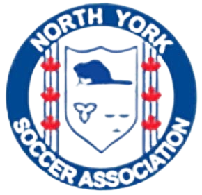 Logo of North York Soccer Association featuring a shield and maple leaves.