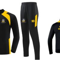 Black and yellow sportswear with number 10 and logos.
