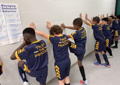Kids stretching against wall in matching uniforms.